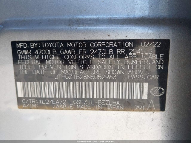 46031003 :رقم المزاد ، JTHGZ1B28N5052963 vin ، 2022 Lexus Is 350 F Sport مزاد بيع
