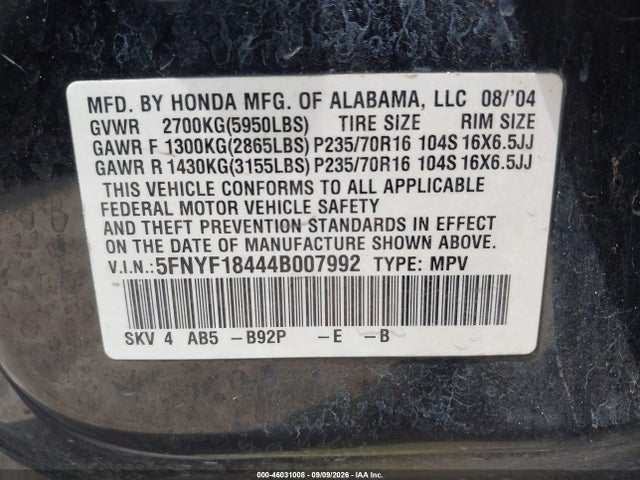 2004 Honda Pilot Ex მანქანა იყიდება აუქციონზე, vin: 5FNYF18444B007992, აუქციონის ნომერი: 46031008