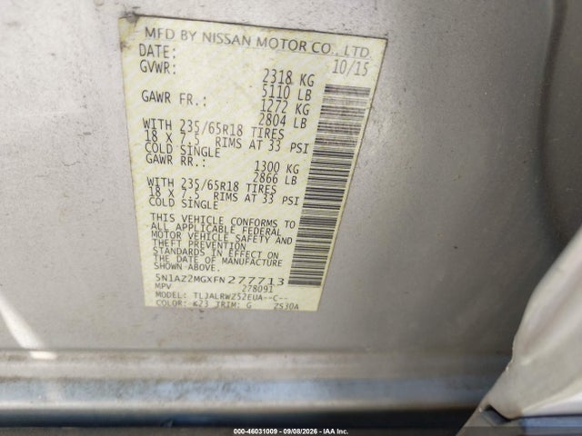 Aukcja sprzedaży 2015 Nissan Murano Sl, vin: 5N1AZ2MGXFN277713, numer aukcji: 46031009
