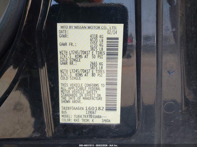 Aukcja sprzedaży 2014 Nissan Nv Passenger Nv3500 Hd Sv V6, vin: 5BZBF0AA6EN160182, numer aukcji: 46031013