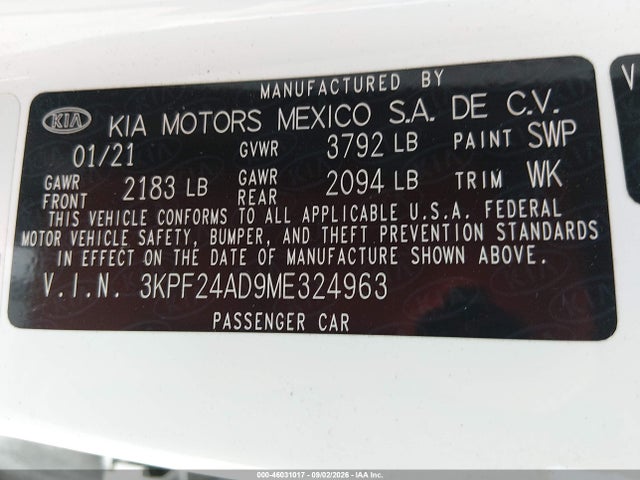 Продажа на аукционе авто 2021 Kia Forte Lxs, vin: 3KPF24AD9ME324963, номер лота: 46031017