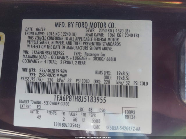 46031020 :رقم المزاد ، 1FA6P8TH8J5183955 vin ، 2018 Ford Mustang Ecoboost مزاد بيع