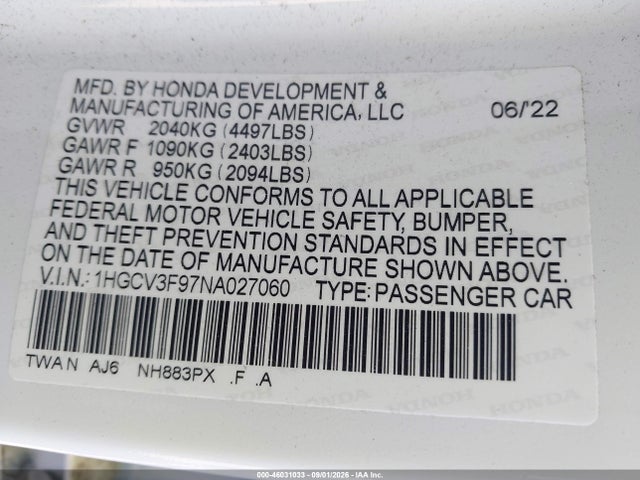 1HGCV3F97NA027060 Honda Accord Hybrid Touring