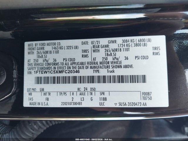 46031040 :رقم المزاد ، 1FTEW1C5XMFC20346 vin ، 2021 Ford F-150 Xlt مزاد بيع