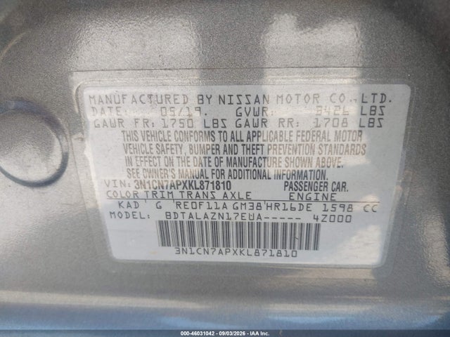 Продаж на аукціоні авто 2019 Nissan Versa 1.6 S+, vin: 3N1CN7APXKL871810, номер лоту: 46031042