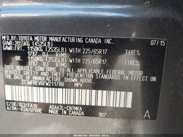 Продаж на аукціоні авто 2015 Toyota Rav4 Xle, vin: 2T3WFREV6FW211788, номер лоту: 46031044