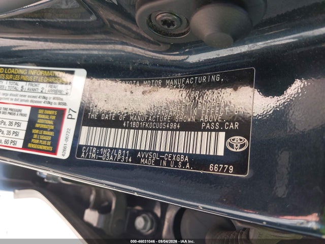 Aukcja sprzedaży 2012 Toyota Camry Hybrid Xle, vin: 4T1BD1FK0CU054984, numer aukcji: 46031046
