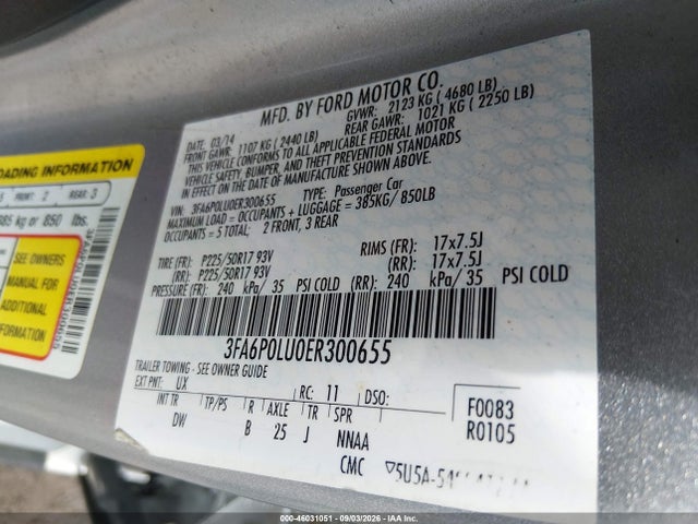 46031051 :رقم المزاد ، 3FA6P0LU0ER300655 vin ، 2014 Ford Fusion Hybrid Se مزاد بيع
