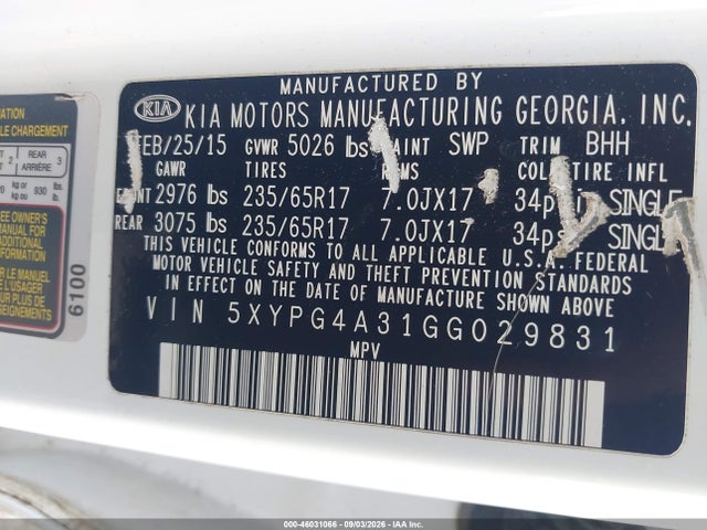 46031066 :رقم المزاد ، 5XYPG4A31GG029831 vin ، 2016 Kia Sorento 2.4l Lx مزاد بيع