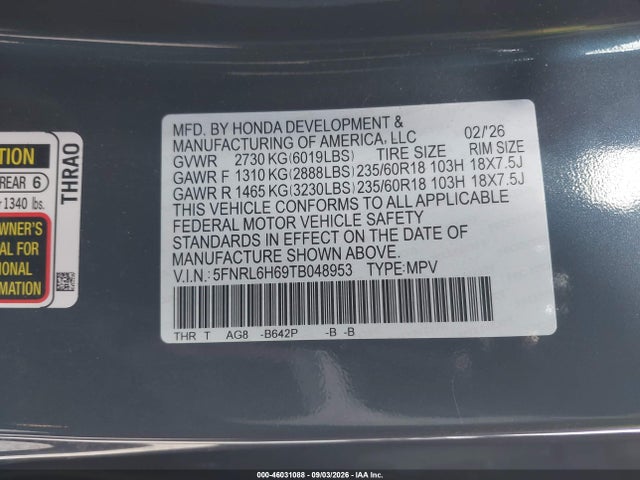 Honda Odyssey Ex-l 2026 5FNRL6H69TB048953 Image 9