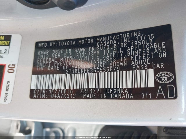 Aukcja sprzedaży 2016 Toyota Corolla Le Plus, vin: 2T1BURHE3GC555879, numer aukcji: 46031094