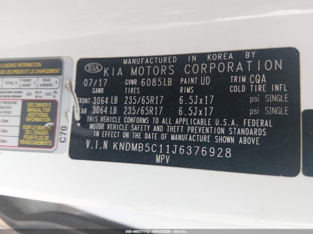 Aukcja sprzedaży 2018 Kia Sedona Lx, vin: KNDMB5C11J6376928, numer aukcji: 46031112