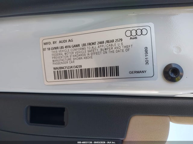2018 Audi A5 Sportback Premium Plus მანქანა იყიდება აუქციონზე, vin: WAUBNCF52JA134239, აუქციონის ნომერი: 46031136