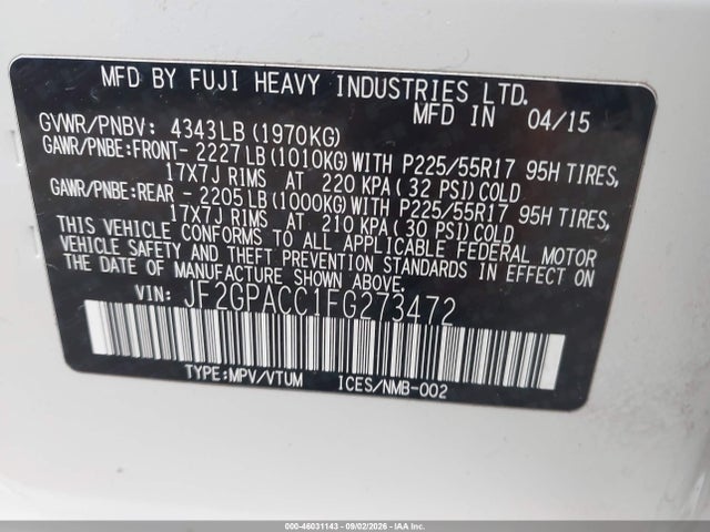 46031143 :رقم المزاد ، JF2GPACC1FG273472 vin ، 2015 Subaru Xv Crosstrek 2.0i Premium مزاد بيع