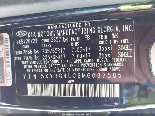 Продажа на аукционе авто 2021 Kia Sorento Lx, vin: 5XYRG4LC6MG037585, номер лота: 46031150