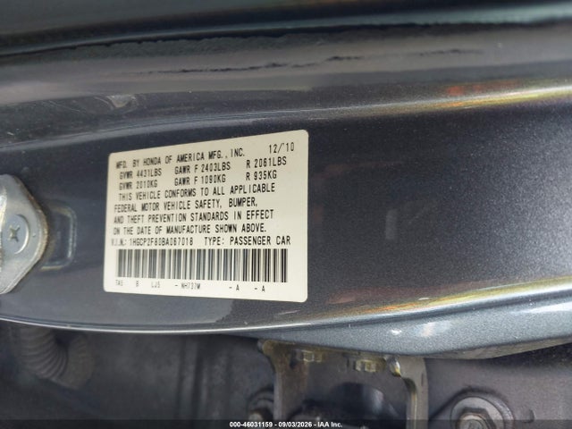 Aukcja sprzedaży 2011 Honda Accord 2.4 Ex-l, vin: 1HGCP2F80BA067018, numer aukcji: 46031159