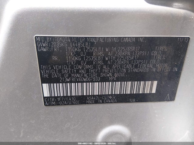 46031162 :رقم المزاد ، 2T3WFREV6DW067933 vin ، 2013 Toyota Rav4 Xle مزاد بيع