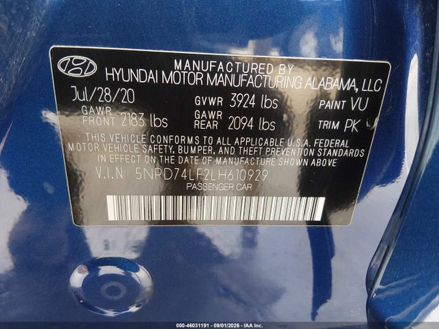 2020 Hyundai Elantra Se მანქანა იყიდება აუქციონზე, vin: 5NPD74LF2LH610929, აუქციონის ნომერი: 46031191