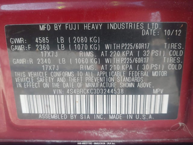 46031192 :رقم المزاد ، 4S4BRCKC3D3244538 vin ، 2013 Subaru Outback 2.5i Limited مزاد بيع