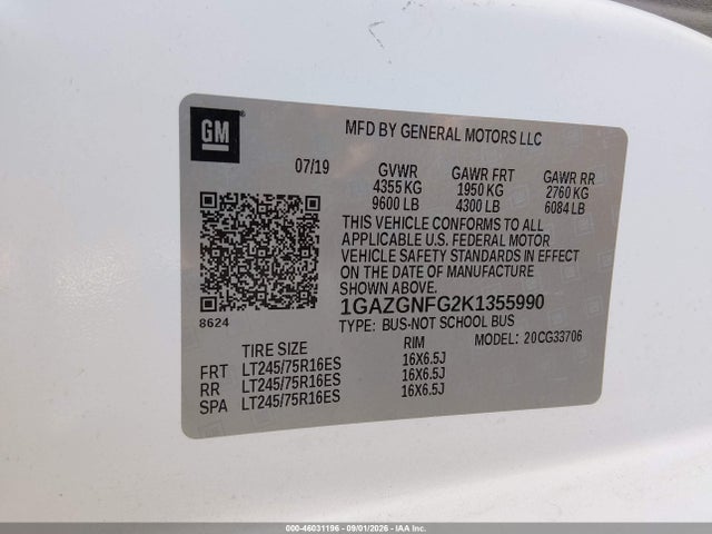 2019 Chevrolet Express 3500 Ls მანქანა იყიდება აუქციონზე, vin: 1GAZGNFG2K1355990, აუქციონის ნომერი: 46031196