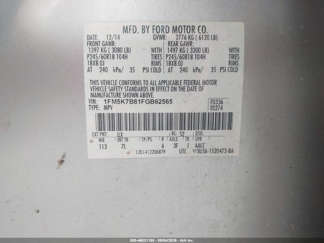 46031198 :رقم المزاد ، 1FM5K7B81FGB62565 vin ، 2015 Ford Explorer مزاد بيع