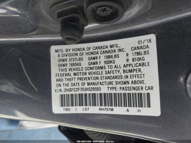 Honda CIVIC EX 2018 2HGFC2F70JH529593 Image 9