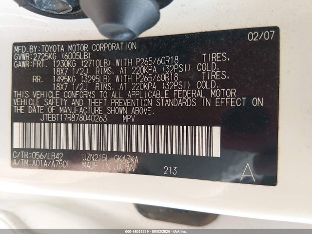 Aukcja sprzedaży 2007 Toyota 4runner Limited V8, vin: JTEBT17R878040263, numer aukcji: 46031219