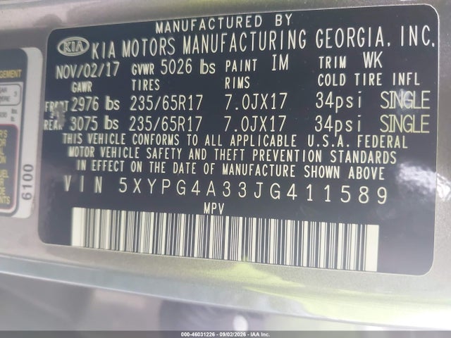 2018 Kia Sorento 2.4l Lx მანქანა იყიდება აუქციონზე, vin: 5XYPG4A33JG411589, აუქციონის ნომერი: 46031226