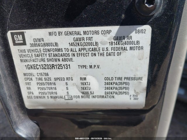 Aukcja sprzedaży 2003 Gmc Yukon Slt, vin: 1GKEC13Z03R125131, numer aukcji: 46031228