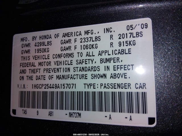 46031230 :رقم المزاد ، 1HGCP25449A157071 vin ، 2009 Honda Accord 2.4 Lx-p مزاد بيع