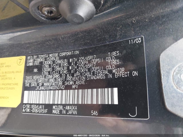 Продаж на аукціоні авто 2004 Lexus Rx 330, vin: JTJHA31U940050742, номер лоту: 46031253