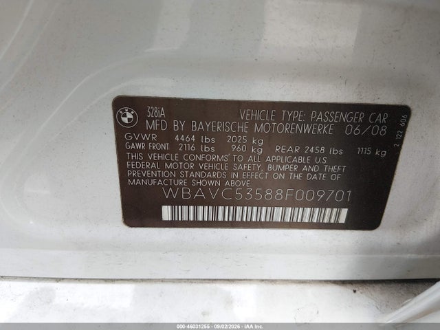 Aukcja sprzedaży 2008 Bmw 328i, vin: WBAVC53588F009701, numer aukcji: 46031255