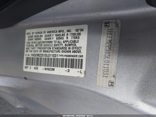 46031268 :رقم المزاد ، 1HGEM22515L011031 vin ، 2005 Honda Civic Lx مزاد بيع
