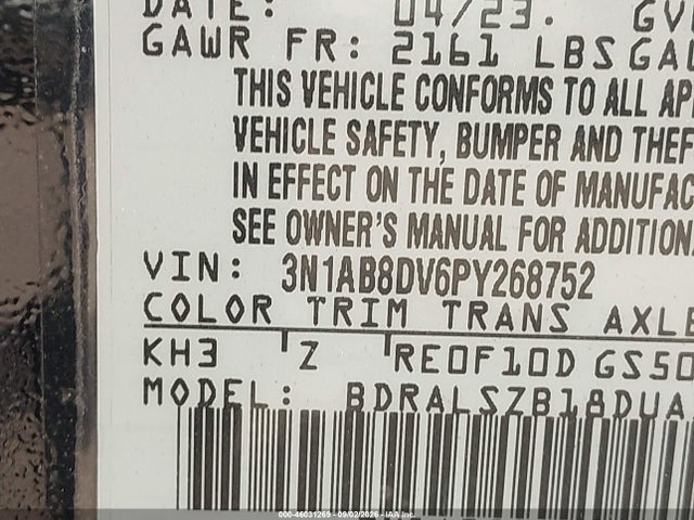 2023 Nissan Sentra Sr Xtronic Cvt მანქანა იყიდება აუქციონზე, vin: 3N1AB8DV6PY268752, აუქციონის ნომერი: 46031269