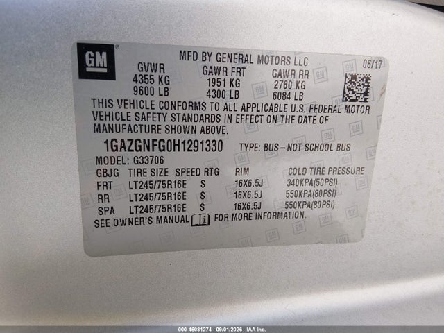 2017 Chevrolet Express 3500 Ls მანქანა იყიდება აუქციონზე, vin: 1GAZGNFG0H1291330, აუქციონის ნომერი: 46031274