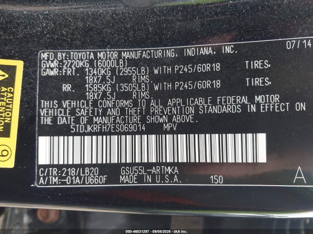 Toyota Highlander Xle V6 2014 5TDJKRFH7ES069014 Image 9