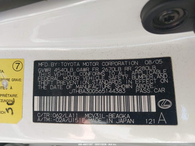Продаж на аукціоні авто 2006 Lexus Es 330, vin: JTHBA30G565144383, номер лоту: 46031307