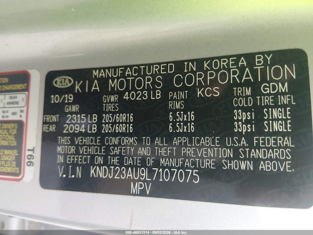 46031314 :رقم المزاد ، KNDJ23AU9L7107075 vin ، 2020 Kia Soul Lx مزاد بيع