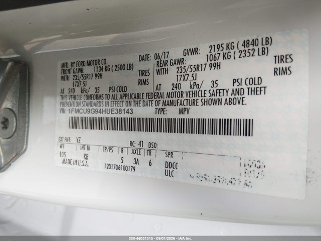 1FMCU9G94HUE38143 Ford ESCAPE SE