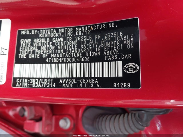 46031327 :رقم المزاد ، 4T1BD1FK9CU045636 vin ، 2012 Toyota Camry Hybrid Xle مزاد بيع