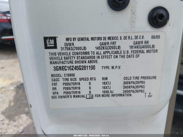 Aukcja sprzedaży 2005 Chevrolet Suburban 1500 Ls, vin: 3GNEC16Z45G281190, numer aukcji: 46031328
