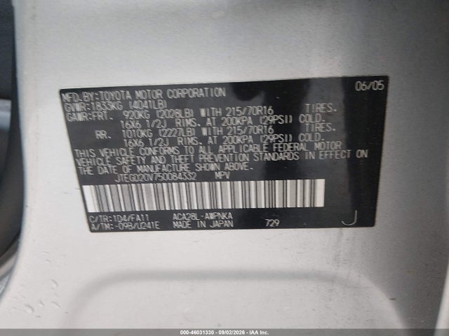 46031330 :رقم المزاد ، JTEGD20V750084332 vin ، 2005 Toyota Rav4 مزاد بيع
