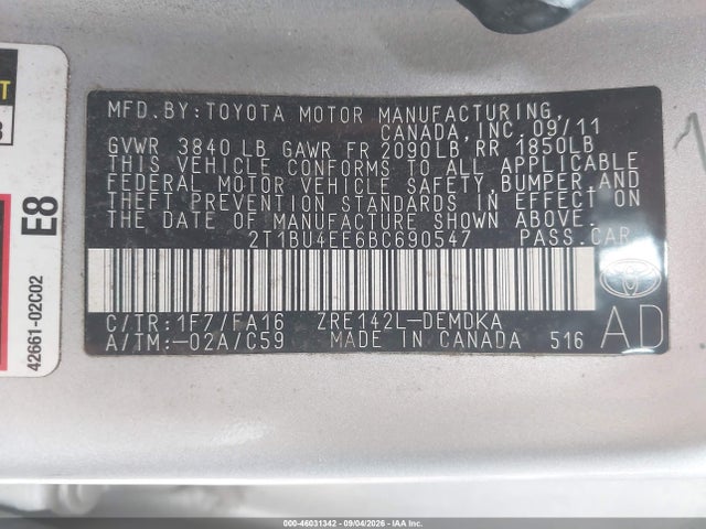 46031342 :رقم المزاد ، 2T1BU4EE6BC690547 vin ، 2011 Toyota Corolla مزاد بيع