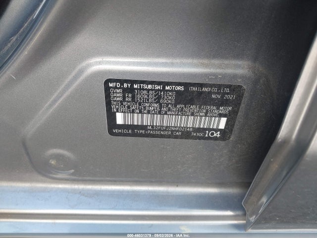 46031379 :رقم المزاد ، ML32FUFJ2NHF02148 vin ، 2022 Mitsubishi Mirage G4 Black Edition/es/le مزاد بيع