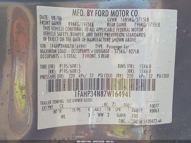 Продажа на аукционе авто 2007 Ford Focus S/se/ses, vin: 1FAHP34N87W164941, номер лота: 46031392