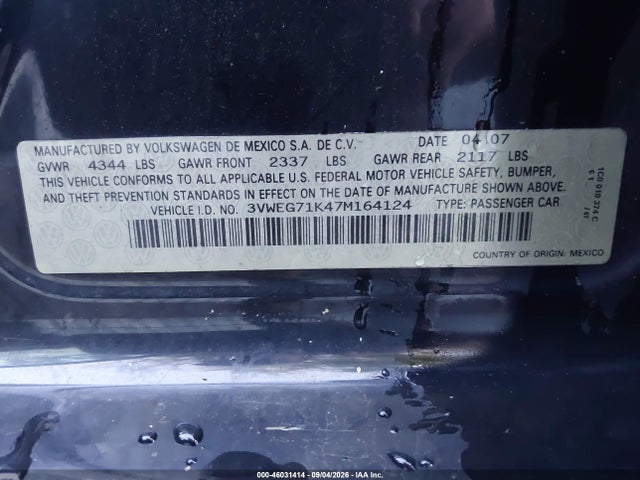 Aukcja sprzedaży 2007 Volkswagen Jetta Wolfsburg Edition, vin: 3VWEG71K47M164124, numer aukcji: 46031414