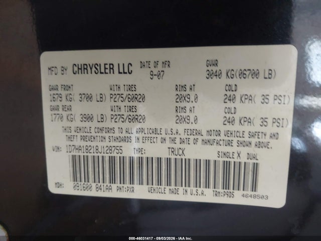 Продажа на аукционе авто 2008 Dodge Ram 1500 Slt, vin: 1D7HA18218J128755, номер лота: 46031417