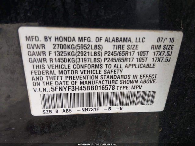 Aukcja sprzedaży 2011 Honda Pilot Ex, vin: 5FNYF3H45BB016578, numer aukcji: 46031427