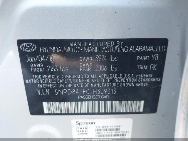 2018 Hyundai Elantra Sel მანქანა იყიდება აუქციონზე, vin: 5NPD84LF0JH309313, აუქციონის ნომერი: 46031430