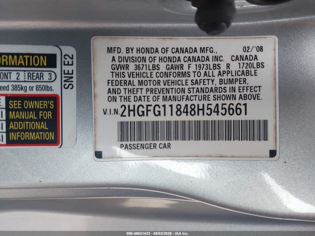 46031433 :رقم المزاد ، 2HGFG11848H545661 vin ، 2008 Honda Civic Ex مزاد بيع